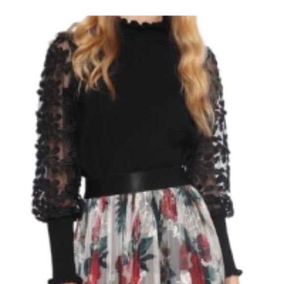 Gracia Mock-Neck Lace-Sleeve Sweater Black Medium NWT - Picture 1 of 2